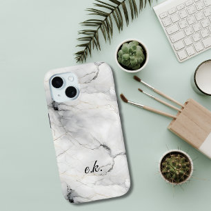 Coque Pour iPhone 15 Initiales monogramme blanc gris noir or marbre 