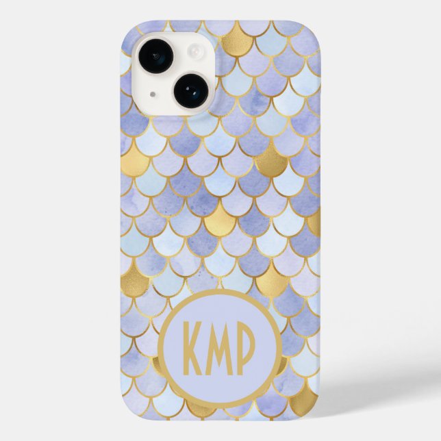 Coques Case-Mate iPhone Initiales Monogramme Bleu Or Écailles de Sirène (Verso)