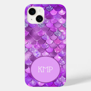 Coque Pour iPhone 14 Initiales Monogramme Écailles de Sirène Violet Arg