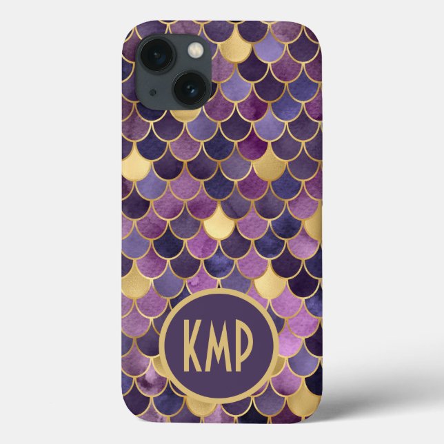 Coques Case-Mate iPhone Initiales Monogramme Écailles de Sirène Violet Or (Verso)