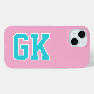 Coque Pour iPhone 15 Initiales Monogramme Universitaire Turquoise Rose 