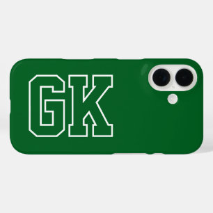 Coque Pour iPhone 16 Initiales Monogramme Varsity Vert Collège Blanc