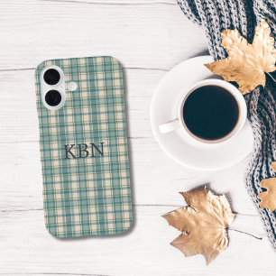 Coque Pour iPhone 16 Initiales Monogramme Vert Bleu Beige Carreaux Tart