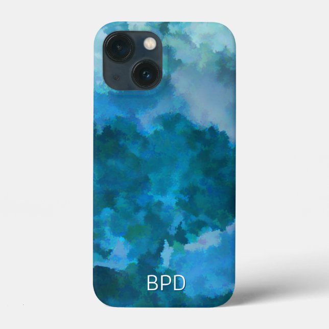 Coques Case-Mate iPhone Initiales Monogrammées Aquarelle Moderne Bleu Vert (Verso)