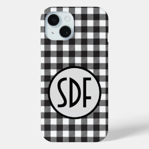 Coque Pour iPhone 15 Initiales monogrammes Noir Blanc Buffalo Plaid
