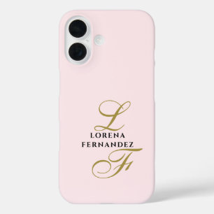 Coque Pour iPhone 16 Initiales Rose Pastel Minimaliste Or Calligraphie 
