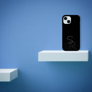 Coque Pour iPhone 15 Initiales superposées 2 Modernes Gris sur Noir