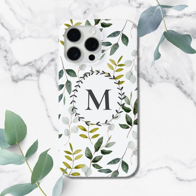 Coques Case-Mate iPhone iPad Feuille tropical Eucalyptus vert monogramme (In situ on marble)