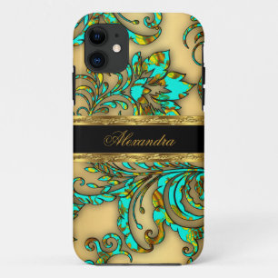 Coques Pour iPhone iPhone 5 Elégant Turquoise Gold Black Floral Damas