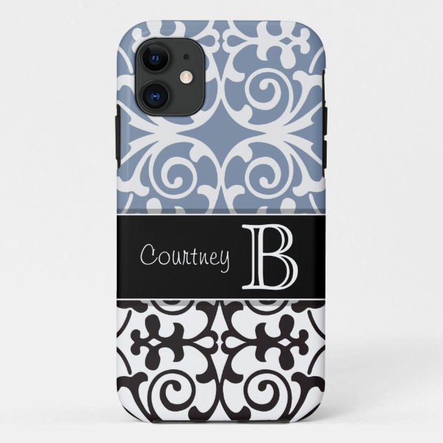 Coques Case-Mate iPhone iPhone bleu 5 de monogramme de damassé d'ardoise (Dos)