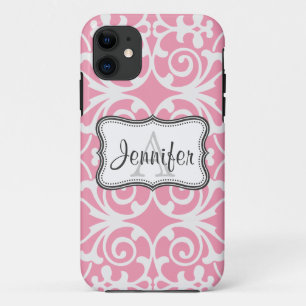 Coque iPhone 11 iPhone rose et blanc 5 de monogramme de damassé