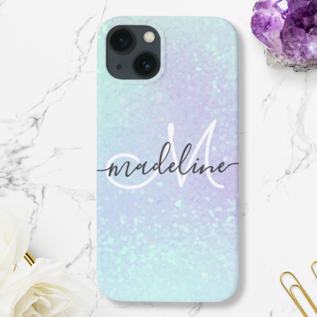 Coques Case-Mate iPhone Iridescent Pastel Holographic Glitter monogrammed (Créateur téléchargé)