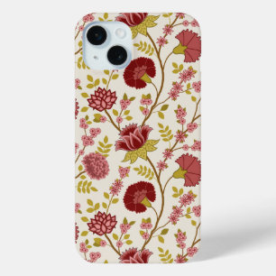Coque iPhone 15 Mini Jacobean Floral Grand Motif Reds Pinks Gold Creme