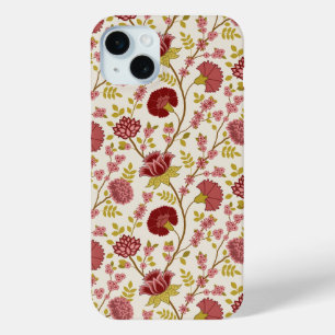 Coque iPhone 15 Mini Jacobean Floral Pattern Rouge Rose Gold Crème