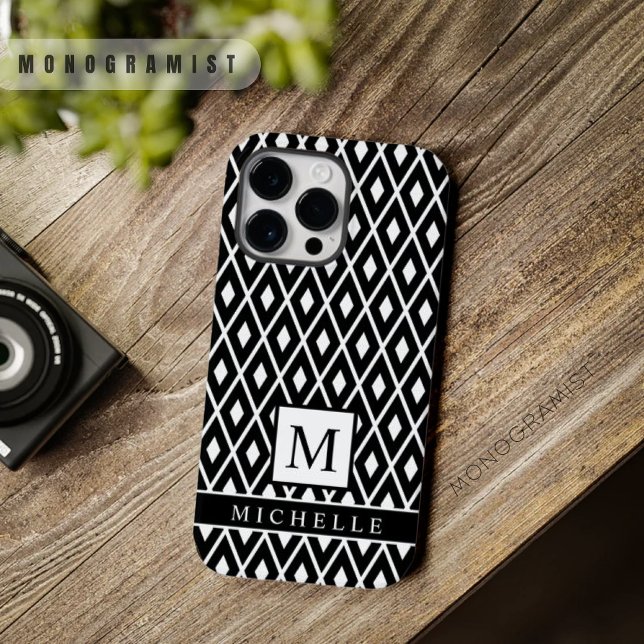 Coques Case-Mate iPhone Jacquard de diamants noir et blanc personnalisé gé (Custom Black And White Diamond Argyle Geometric Case-Mate iPhone Case)