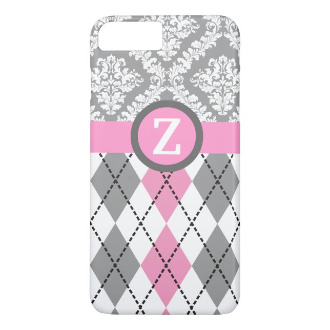 Coques Case-Mate iPhone Jacquard et damas motif rose, gris monogramme (Dos)