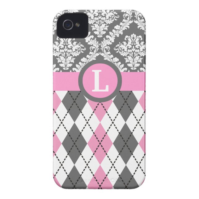 Coques Case-Mate iPhone Jacquard et damas motif rose, jaune monogramme (Dos)