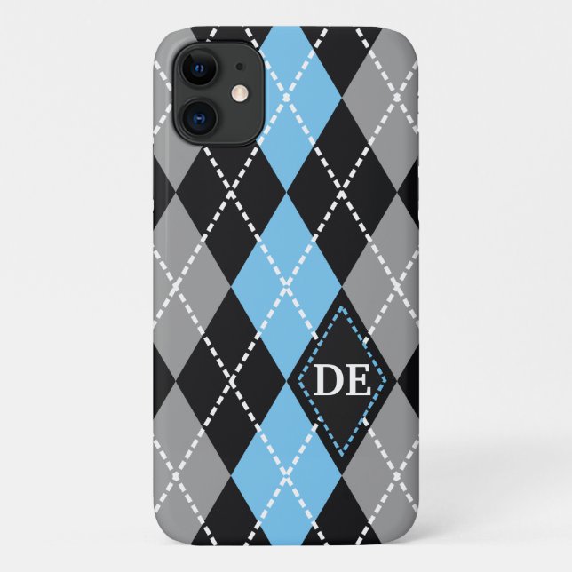 Coques Case-Mate iPhone Jacquard motif noir, gris bleu monogramme (Dos)