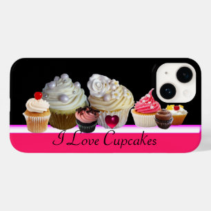 Coque Pour iPhone 14 J'ADORE LES DÉLICIEUX CUPCAKES Rose, Fuchsia Blanc