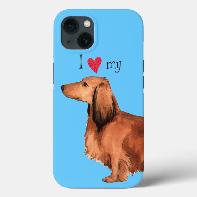 Coques Case-Mate iPhone J'aime mon Dachshund aux cheveux longs (Verso)