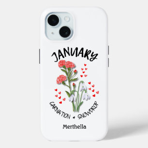 Coque Pour iPhone 15 JANVIER Mois de naissance Fleur Nom personnalisé