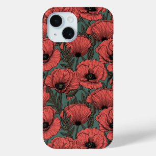 Coque Pour iPhone 15 Jardin de coquelicot dans le corail, brun et vert