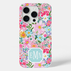 Coque iPhone 15 Pro Jardin de fleurs coloré moderne monogrammé