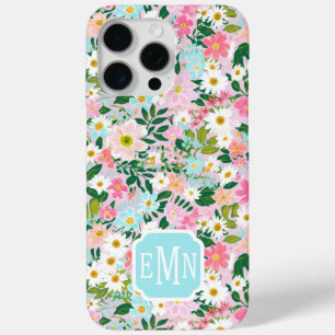 Coque iPhone 15 Pro Max Jardin de fleurs roses coloré avec monogramme 