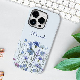 Coques iPhone 16 Pro Max Jardin de fleurs sauvages à l'aquarelle bleue mono