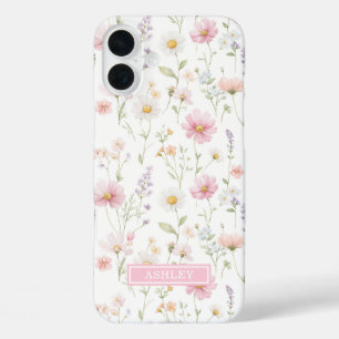 Coques iPhone 16 Plus Jardin de fleurs sauvages rose personnalisé