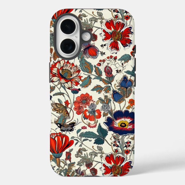 Coques Case-Mate iPhone Jardin floral en rouge et bleu foncé (Verso)