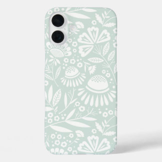 Coques iPhone 16 Plus Jardin géométrique Floral en blanc sur Mint pâle