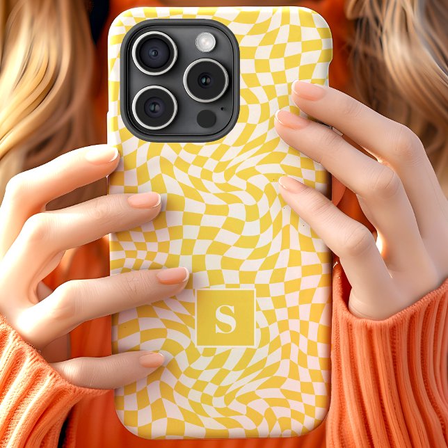 Coques Case-Mate iPhone Jaune À damiers Monogramme (Créateur téléchargé)