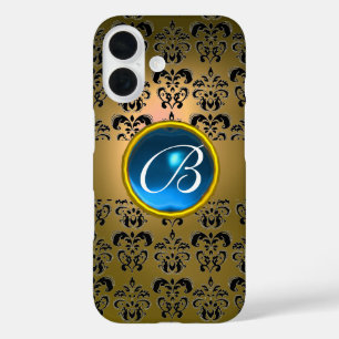 COQUES iPhone 16  JAUNE BLACK DAMASK BLUE GEMSTONE MONOGRAM