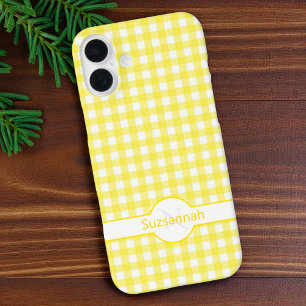 Coques iPhone 16 Plus Jaune En vichy Vérifier Monogramme Personnalisé Co