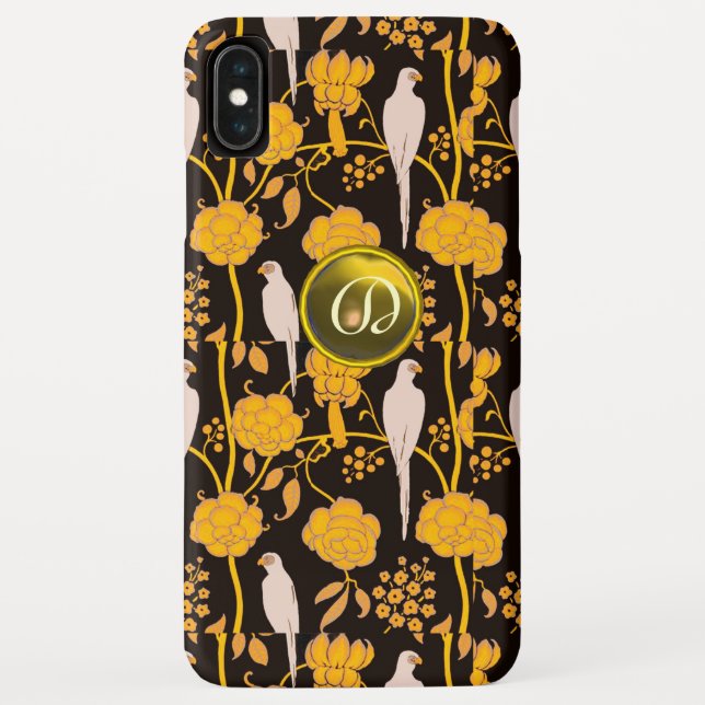 COQUES Case-Mate iPhone JAUNE FLORALE NOIRE, PARROTS MONOGRAMME EN PIERRE (Dos)