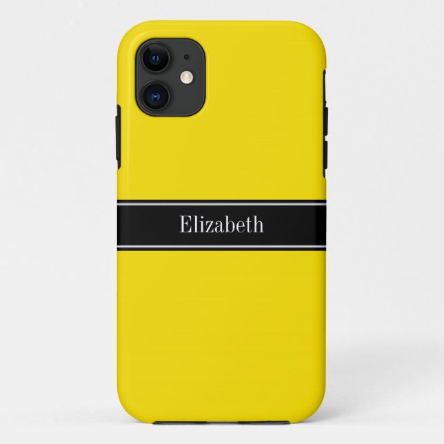 Coques Case-Mate iPhone Jaune, Noir Nom du ruban Monogramme (Dos)