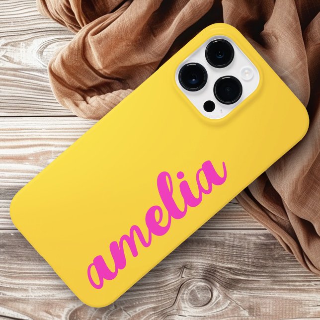 Coques Case-Mate iPhone Jaune rose vif nom gras script coloré (Yellow hot pink name bold script colorful Case-Mate iPhone case)