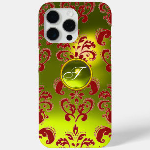 Coque iPhone 15 Pro Max JAUNE ROUGE DAMASK MONOGRAM EN PIERRE DE GEMME Flo