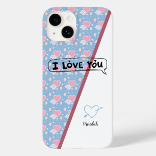 Coque Pour iPhone 14 Je vous aime "nom" bleu et rose motif de coeur