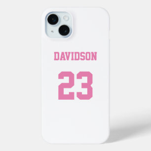 Coque iPhone 15 Mini Jersey blanc et rose Nom Numéro de protection