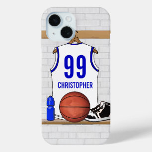 Coque Pour iPhone 15 Jersey de basketball blanc et bleu personnalisé