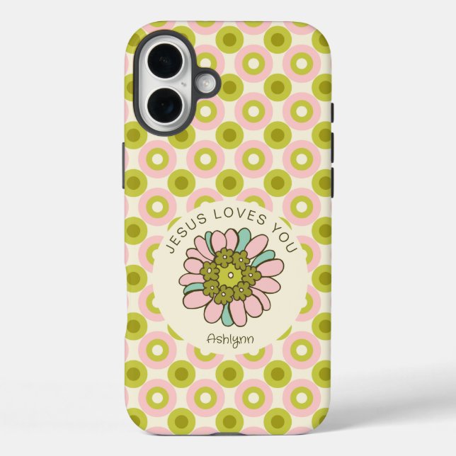 Coques Case-Mate iPhone Jésus t'aime Pink Green Cercles Motif (Verso)