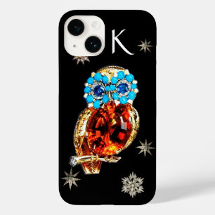 Coque Pour iPhone 14 JEWEL OWL, ÉTOILES DE DIAMANT, Or, Turquoise Bleu,