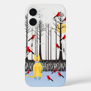 Coque Pour iPhone 16 Joie d'hiver - Chat avec foulard Birch Trees Cardi