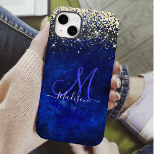 Coque Pour iPhone 14 Joli bleu bleu or faux parties scintillant monogra
