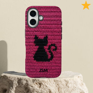 Coque Pour iPhone 16 Joli Chat au Crochet en Fuchsia avec Monogramme In