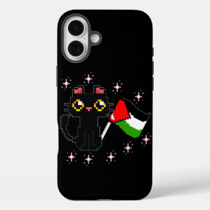 Coques iPhone 16 Plus joli chat noir tenant le drapeau de la Palestine
