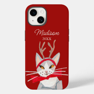 Coque Pour iPhone 14 Joli chat rétro rouge Noël