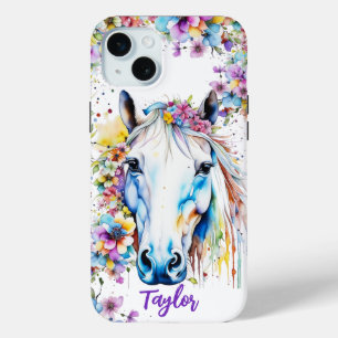 Coque iPhone 15 Mini Joli Cheval Blanc Floral Personnalisé